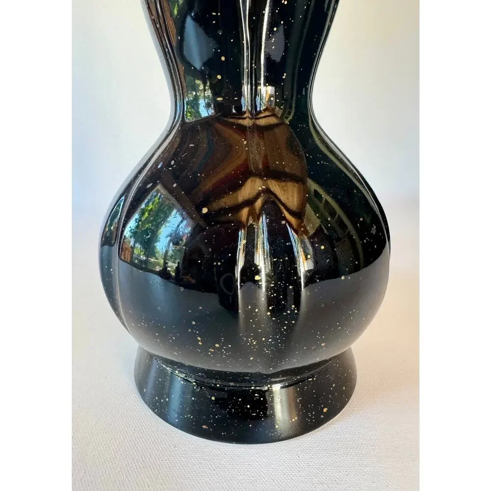 Vintage Black Ceramic Gold Spatter Table Lamp Glossy Mid Century 16.25